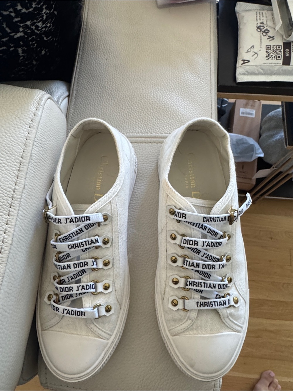Dior White Canvas Sneakers with Branded J'Adior Ribbon Straps and Gold Accents